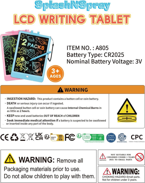 Drawing Tablet, 2pack Lcd Writing Tablet for Kids, Colorful Toddler Doodle Board, Erasable Reusable Electronic Drawing Pads, Educational and Learn...
