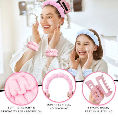 Wecoe Pink Blue Spa Headband And Wristband Set Skincare Headband For Washing Face Hair Claw Clips For Thick Hair Cute Puffy Sponge Bubble Makeup H...