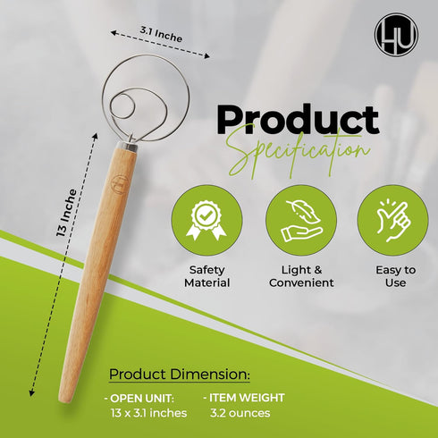 LHU Premium Original Danish Dutch Whisk for Better Batter and Bread Dough Recipes, Stainless Steel/Beechwood, Includes Cleaning Brush, Large, 13.5...