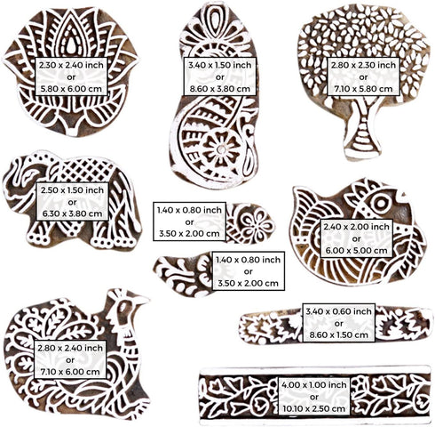 HASHCART Wooden Pottery Stamps for Block Printing - Stamp Set of 10, Made in India Ink Stamps, Wood Blocks for Crafting on Fabric, Blocks, Clay & ...