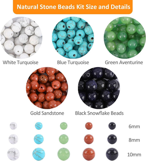 505 pcs Natural Round Stone Beads for Jewelry Making Mixed Genuine Gemstone Beads Kit for DIY Bracelet Smooth Loose Beads Bulk, White/Blue Turquoi...