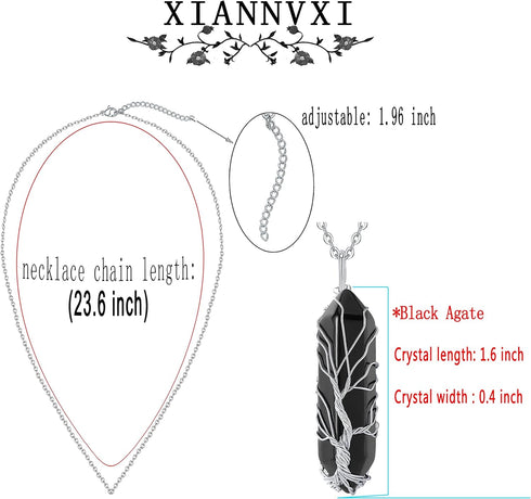 XIANNVXI Tree of Life Wire Wrapped Crystal Point Pendant Necklace Reiki Healing Crystal Stone Black Agate Necklaces Natural Hexagonal Gemstone Qua...