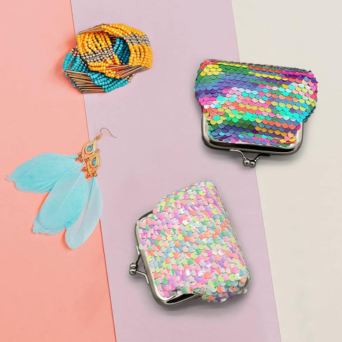 2 Pack Coin Purse for Women Sequin Small Coin Purse with Kiss-Lock Closure Colorful Glitter Reversible Sequin Change Purse Wallet for Women Girls ...
