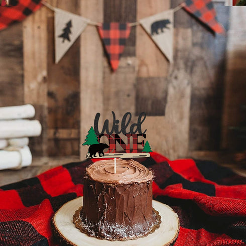 Lumberjack Wild One Cake Topper, Buffalo Plaid Camping Wild Bear 1st Birthday Cake Decor,Buffalo Woodland Lumberjack 1st Theme Baby Birthday Party...