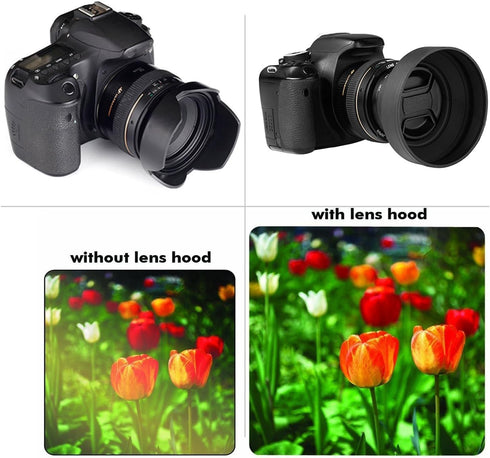 52mm Lens Hood Set, Collapsible Rubber Lens Hood with Filter Thread + Reversible Tulip Flower Lens Hood + Center Pinch Lens Cap + Microfiber Lens ...