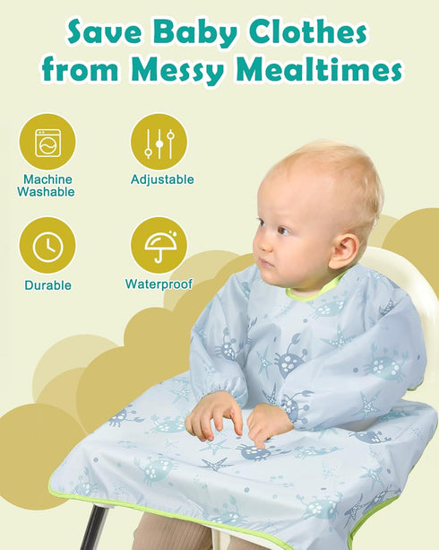 Lictin Coverall Baby Feeding Bib - Long Sleeve Bib Attaches and Fully Cover to Baby Highchair, Waterproof Weaning Bib Adjustable for Baby Toddler ...