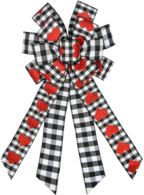 Hying Large Valentine's Day Bows for Wreath, Valentines Wreath Bow Black White Buffalo Plaid Bows Glitter Red Hearts Bows Holiday Burlap Tree Topp...