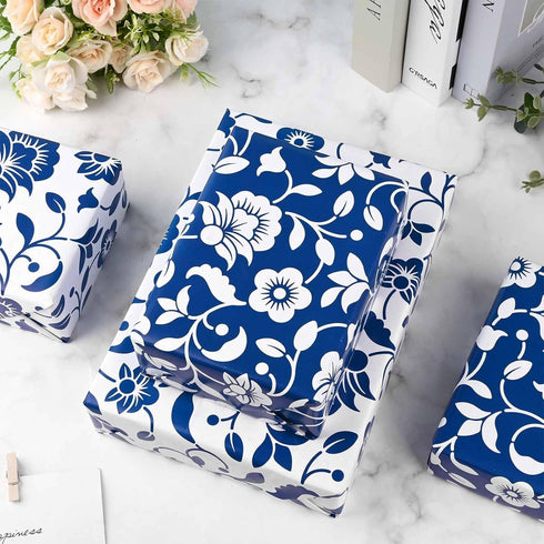 Bolsome 12 Sheets Blue Floral Wrapping Paper Blue White Flowers Patterned Gift Wrap Paper Chinoiserie Art Paper for Bridal Shower Wedding Spring T...