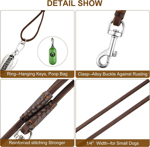 Genuine Leather Dog Leash, 6Ft Super Thin and Lightweight Dog Leash, Soft and Slim Pet Leashes for Puppies and Cats Less Than 15lb...