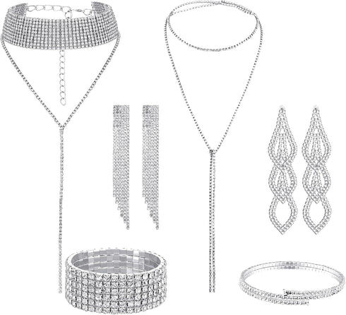 MTLEE 6 Pieces Women Crystal Jewelry Set Rhinestone Layered Choker Necklaces Long Tassel Necklaces Crystal Bracelet Cuff Bangles Diamond Tassel Da...