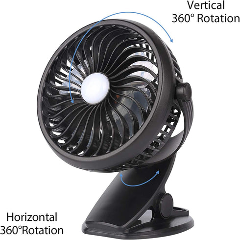 Battery Operated Clip on Fan, Portable Rechargeable USB Personal Fan 3 In 1 with hook and LED for camping, stroller, car seat, office...