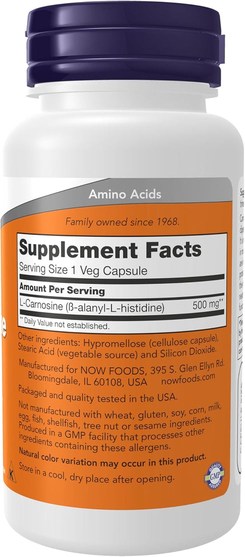 NOW Supplements, L-Carnosine (Beta-Alanyl-L-Histidine) 500 mg, Healthy Aging, 50 Veg Capsules...