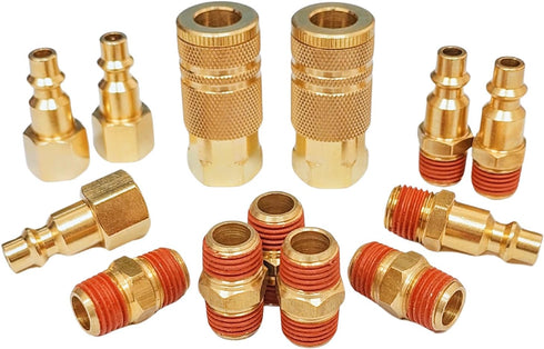 Air Hose Fittings And Quick Connect Air Fittings, 1/4 Inch NPT Brass Female Male Air Coupler Plug And Hex Nipple (13 Piece) Industrial Type D, Air...