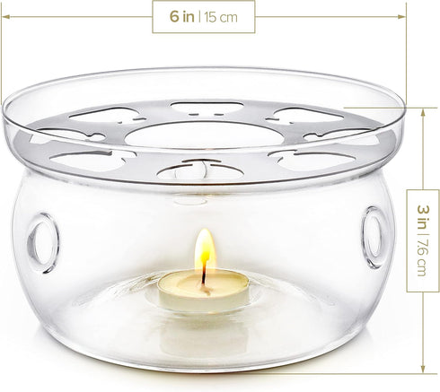 Teabloom Universal Tea Warmer (Large Size - 6 in / 15 cm Diameter) - Handcrafted with Heat Proof & Lead-Free Glass - Tealight Candle Included...