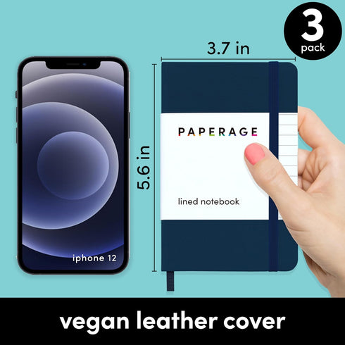 PAPERAGE Lined Pocket Journal Notebook, 3 Pack, (Navy, Light Grey, Burgundy), 160 Pages, Small, 3.7 inches x 5.6 inches - 100 GSM Thick Paper, Har...