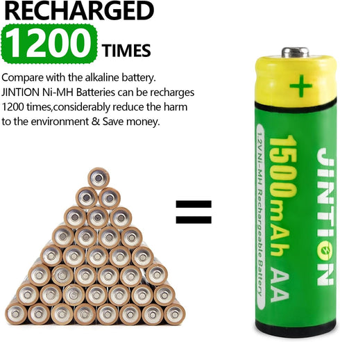 JINTION Rechargeable AA Batteries NiMH 1500mAh 1.2v Double A Battery AA Battery for Remote Controller, Keyboard, Mouse, Solar Lights, 8 Pack...