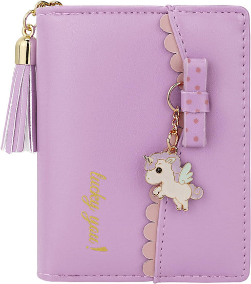 Uromee Girls Wallet Small Card Holder Women Purse Bifold Vegan Leather Zipper Coin Pocket Cute Unicorn Pendant Tassel...