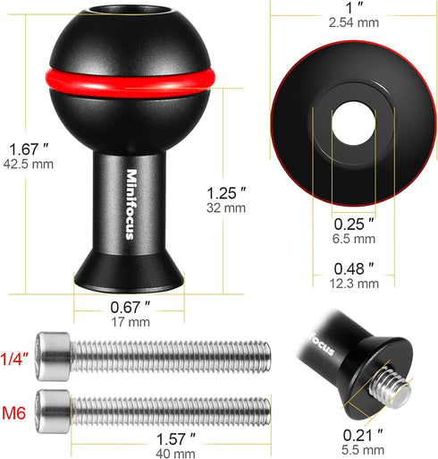 1" Ball Adapter with M6 & 1/4" Threaded Stud, Aluminum Alloy Fixed Ballhead Mount Adapter for Action Camera & Camcorder Compatible Underwater Tray...