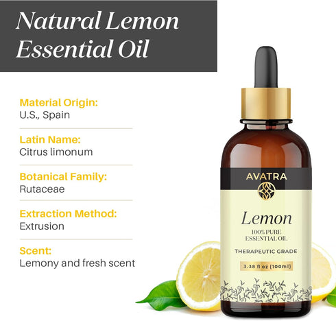 Avatra Lemon Essential Oil for Skin & Aromatherapy | Natural & Undiluted Essential Oil for Diffuser, Household Cleaning | Therapeutic Grade Essent...