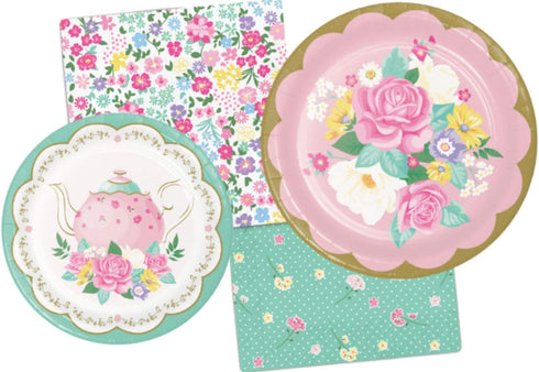 Floral Themed Tea Party Supply Pack Bundle Includes Paper Plates & Napkins for 8 Guests...