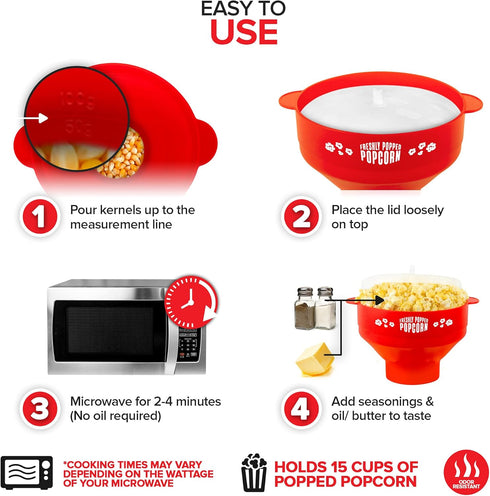 Silicone Microwave Popcorn Popper (Red) Air Popper Popcorn Maker No Oil Required, Collapsible Pop-Corn bowl with Lid, Reusable, BPA-Free, Dishwash...