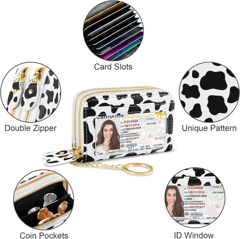 Credit Card Holder Small Double Zipper Card Wallet for Women with Keychain, Cow...