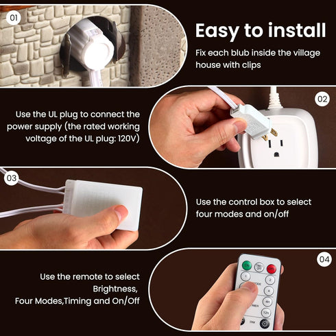 Remote Control Lighting System, 6.5Ft Accessory Cord with 3LED C7 Warm White Bulbs, Built-in 4 Lighting Modes and Timer, Perfect for Halloween Chr...