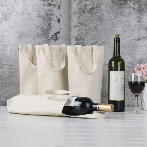Wine Tote Bag, 10.5 x 7 x 2 inches, 4 pcs Reusable Cotton Canvas Carrier Wine Bags with Drawstring Label, Great for Travel Carrying/Holiday Party/...