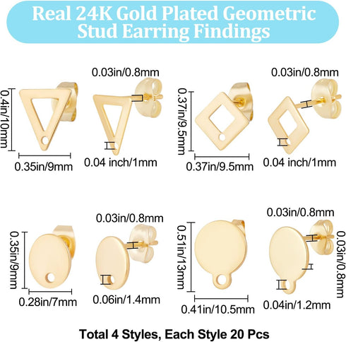 Beebeecraft 1 Box 80Pcs 4 Style 24K Gold Plated Stud Earring Findings Stainless Steel Triangle Oval Rhombus Flat Round Stud Earring Posts with Loo...