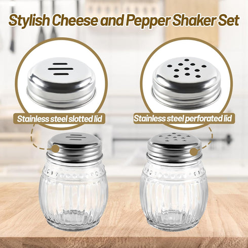 Cheese and Pepper Shakers Set of 2, 6oz Glass Spice Shakers with Stainless Steel Perforated and Slotted Top (Clear)...