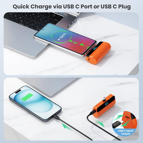 Mini Portable Charger with USB-C Connector 5200mAh,Compact LCD Display Power Bank,Cute Battery Pack Compatible with iPhone 15/15 Plus/15 Pro/15 Pr...