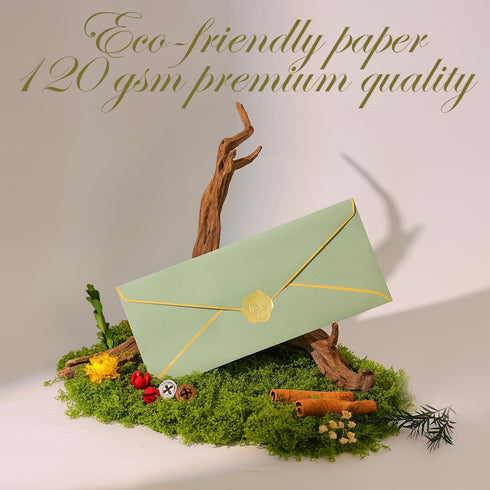 50 pcs Sage Green Business Envelope with V-Flap, Gold Border & Golden Sticker, 10 Self Adhesive Envelopes for Office, Checks, Letter Mailing, Invo...