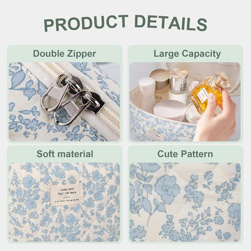 3Pcs Cotton Quilted Makeup Bag Large Travel Cosmetic Bag Coquette Makeup Pouch Cute Aesthetic Floral Toiletry Bag for Women Girls...