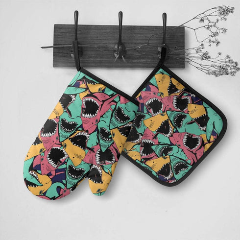 Angry Ocean Shark Oven Mitts and Pot Holders Insulated Gloves & Kitchen Counter Safe Mats for Cooking BBQ Baking Grilling (2-Piece Set)...