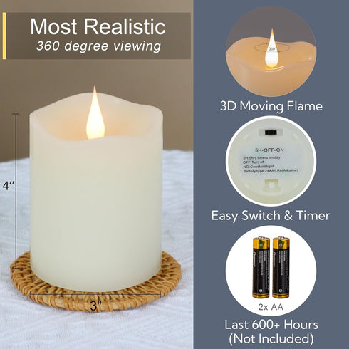 Flameless Candles Battery Operated with Timer, 3D Moving Flame Flickering, Last 600+ Hours Battery Candles, 3" x 4" Ivory Real Wax Electric LED Ca...