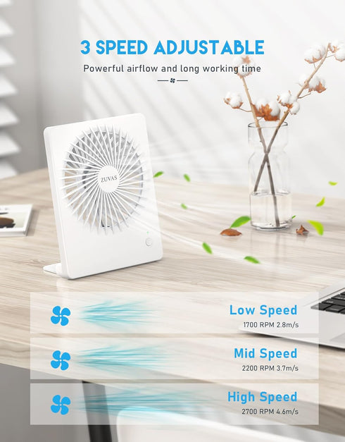 Zuvas Desk Fan Battery Operated Fan Rechargeable 180°Tilt Folding Personal Fan Ultra Quiet Small Portable 3 Speed Adjustable Strong Wind Fan For O...