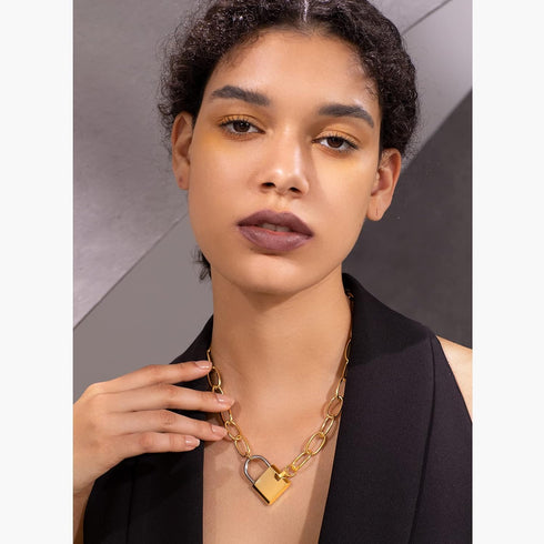 Geometric Big Lock Key Pendant Necklaces Stainless Steel Gold Plated Punk Charms Necklace for Women Men Gift...