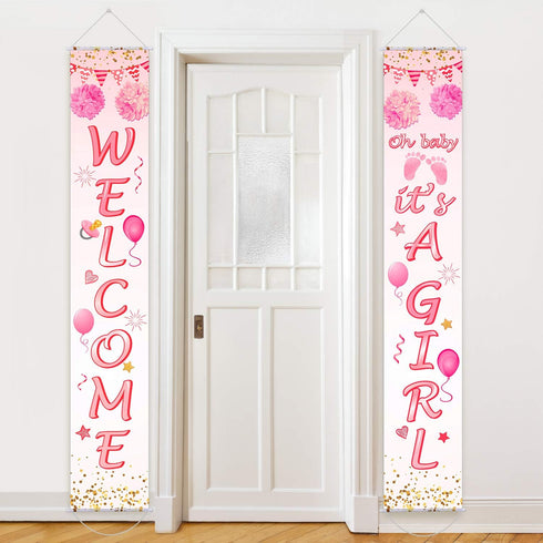 Blulu Baby Shower Decorations 71 x 12 Inch Welcome It Is a Girl Banner Backdrop Background Door Hanging Porch Sign for Baby Shower Gender Reveal P...