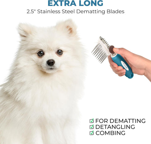 Poodle Pet Dematting Fur Rake Comb Brush Tool - Dog and Cat Comb with Long 2.5 Inches Steel Safety Blades for Detangling Matted or Knotted Underco...