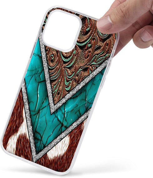 Compatible with iPhone 15 Case, Western Cowhide Turquoise and Brown Animal Print Shockproof Protective Case with Unique Design for Women Girls TPU...