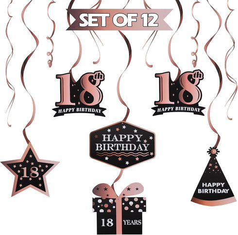 LINGTEER Happy 18th Birthday Decorations - 12 Pcs Birthday Black & Rose Gold Foil Swirls Streamer Set,Cheers to Eighteen Years Old Bday Party Gift...