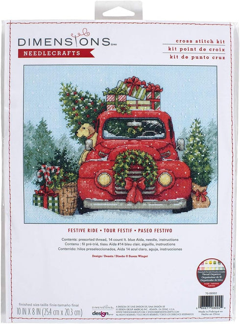 Dimensions 70-08992 Festive Ride Embroidery Christmas Cross Stitch Kit, 10" x 8", 14 Count Light Blue Aida, Various...