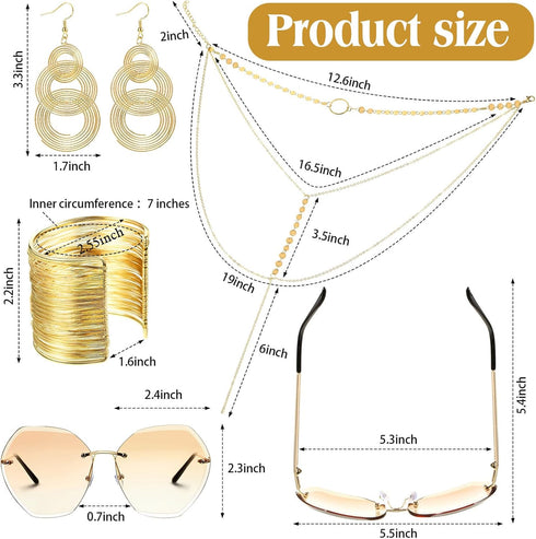 Hicarer 4 Piece 70s Disco Accessories for Party Halloween Cosplay Costume Accessory Set for Women with Rimless Diamond Sunglasses Wire Bracelets T...