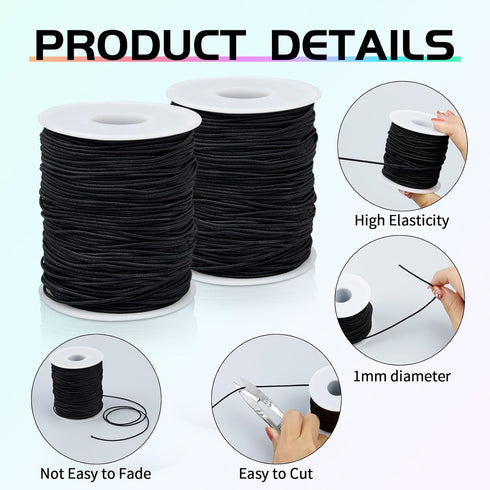 FIVEIZERO 2 Rolls Black Elastic Bracelet String Total 330 Feet,1mm,1.2mm,1.5mm Elastic Beading Cord Stretchy String with Scissors and Beading Need...