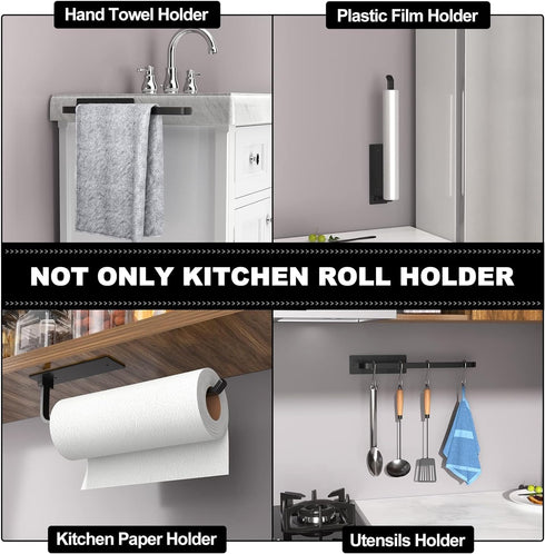 Paper Towel Holder - Self-Adhesive or Drilling, Matte Black Paper Towel Rack Under Cabinet for Kitchen, Upgraded Aluminum Kitchen Roll Holder - Li...