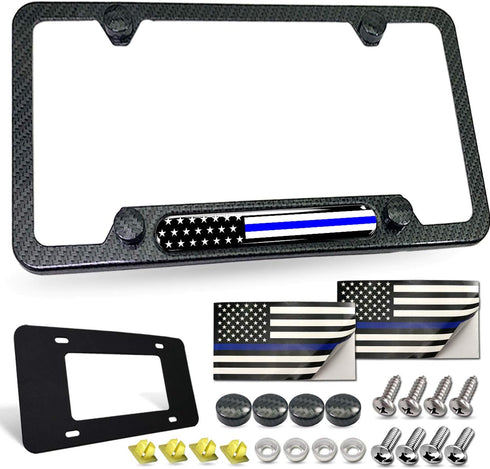 Police Thin Blue Line License Plate Frame- Patriotic Carbon Fiber Car Tag Holder, American Flag Black Aluminum Bracket with Screw, Cap Covers, Dec...