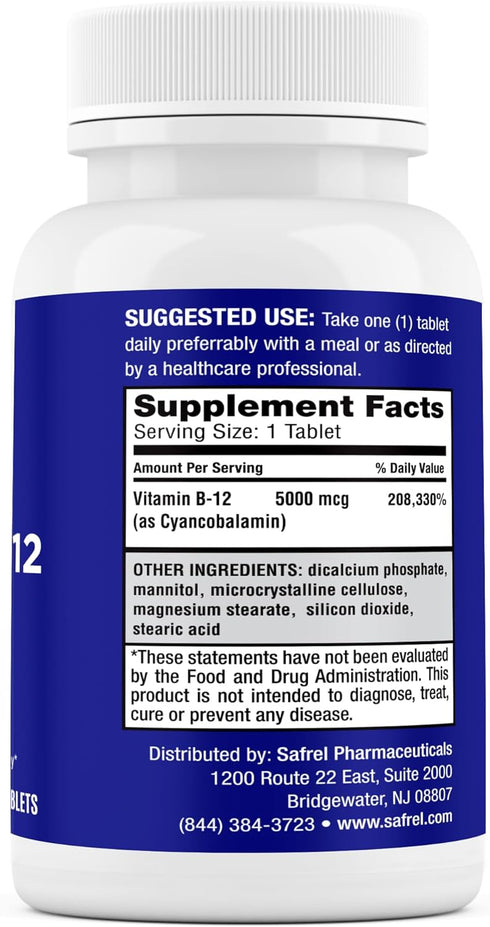 Safrel Maximum Strength Vitamin B12 5000 mcg, Dietary Supplement for Energy, Metabolism and Nervous System Health Support, Vegan, Gluten Free and ...