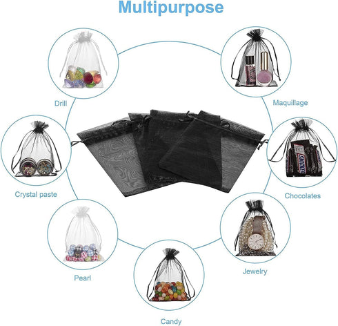 HongyiTime 100PCS Premium Sheer Organza Bags, Black Wedding Favor Bags with Drawstring, 4x6 inches Jewelry Gift Bags for Party, Festival, Makeup O...