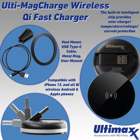 Ultimaxx USB Qi Fast Charger Pad Compatible with iPhone 14/14 Plus/14 Pro/14 Pro Max/13/13 Mini/SE 2022/12/11/X/8, Samsung Galaxy S20 Ultra/ S20/ ...
