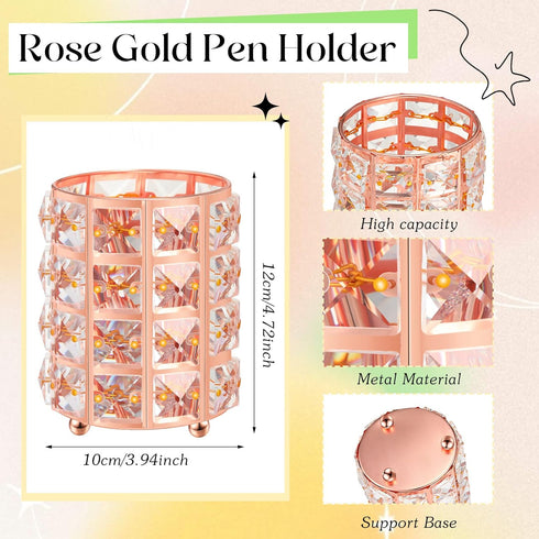 Ballpoint Pen Holder with 6 Glitter Bling Pen Rose Gold Diamond Pencil Holder Jeweled Gold Makeup Brush Holder Organizer for Women Girl Office Sch...
